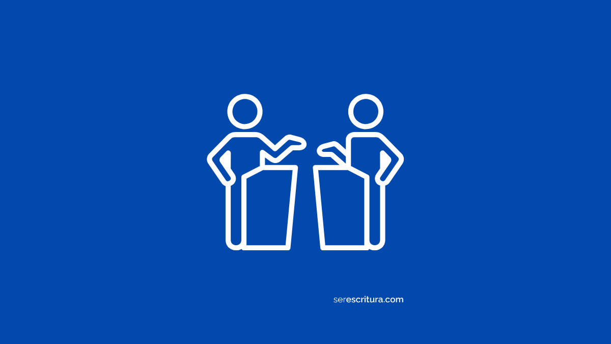 Una ilustración sencilla de línea blanca sobre un fondo azul vibrante. La ilustración muestra dos figuras estilizadas de personas, una frente a la otra, cada una detrás de una forma rectangular que podría simbolizar un atril o una mesa. Ambas figuras tienen un brazo levantado y extendido, como si estuvieran gesticulando durante una discusión o un debate. El diseño minimalista sugiere una interacción dinámica entre dos participantes.