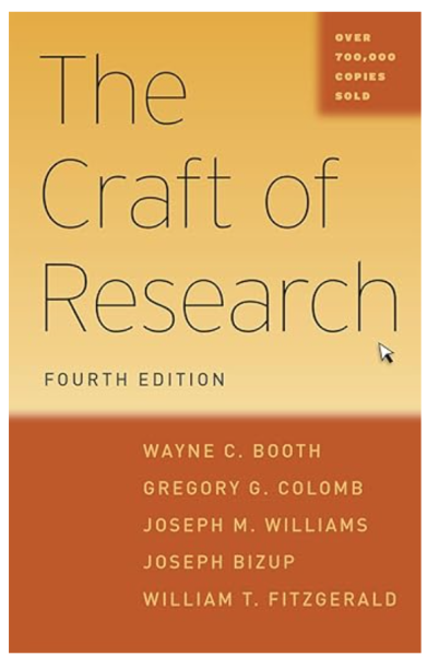 Portada del libro "The Craft of Research" (El Arte de la Investigación, cuarta Edición). La parte superior es de color amarillo claro con el título en letras grandes y negras. En la esquina superior derecha, un recuadro naranja indica "Más de 700.000 copias vendidas". La parte inferior de la portada es naranja y lista a los autores: Wayne C. Booth, Gregory G. Colomb, Joseph M. Williams, Joseph Bizup y William T. Fitzgerald. El libro incluye una explicación sobre el modelo de Toulmin.