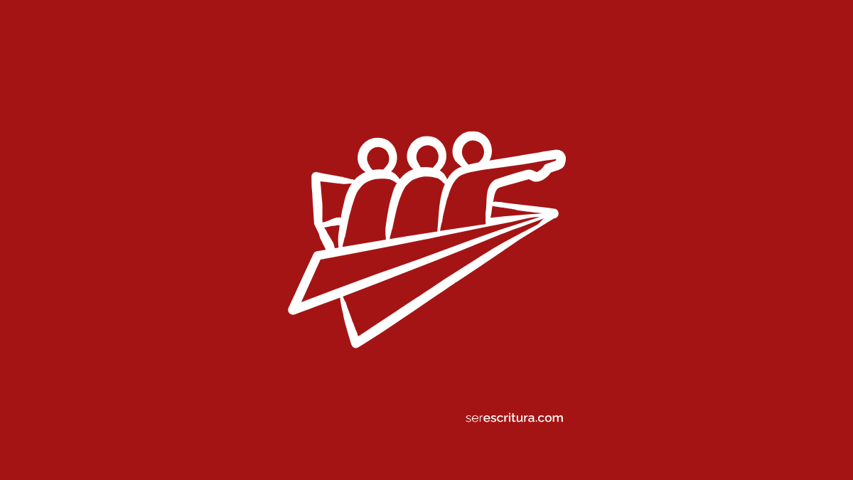 Ilustración de figuras cuatro esquemáticas blancas tripulando un avión de papel blanco que se eleva sobre un fondo rojo vibrante. Una de las figuras en el frente señala directamente hacia adelante. Esta imagen simboliza la idea de 'correos que lideran' como mensajes que toman vuelo y dirigen, en el contexto de un curso de redacción.