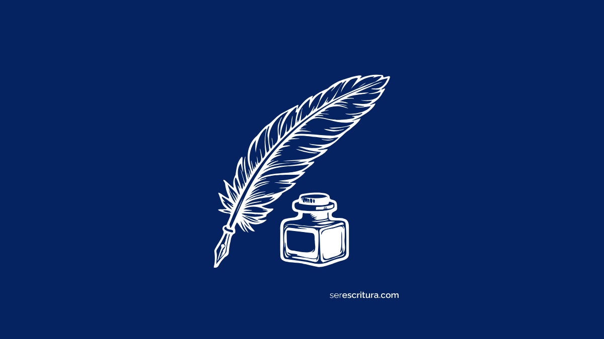 Pluma de ave blanca y un tintero clásico con tinta, sobre un fondo azul oscuro. Ilustración que simboliza la escritura y la poesía, destacando la creatividad literaria del concurso 'Talentos Universitarios UAA 2021' en la categoría de poesía.