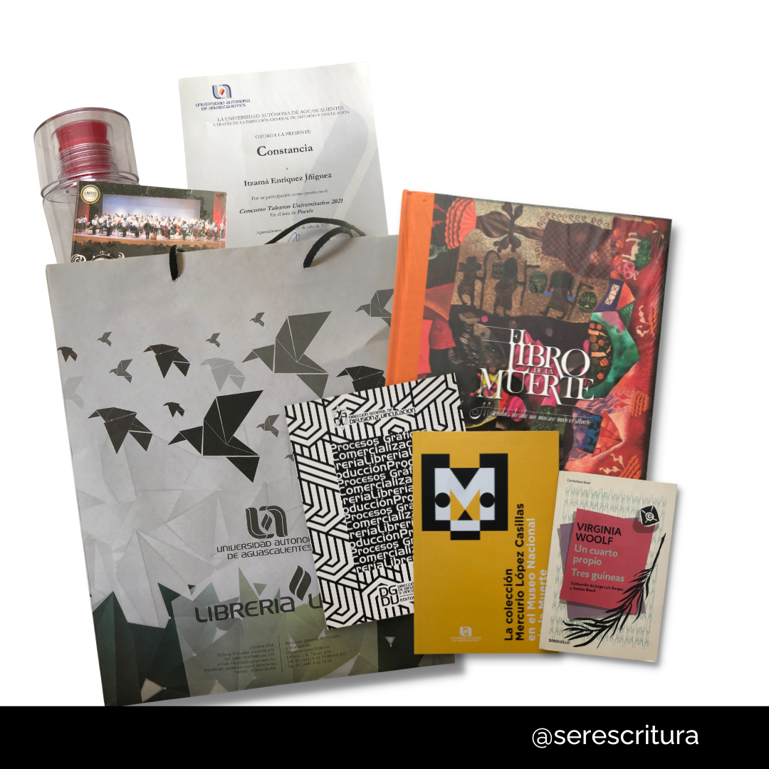 Kit de agradecimiento recibido en Talentos Universitarios 2021, incluye libros, termo, libreta y constancia.