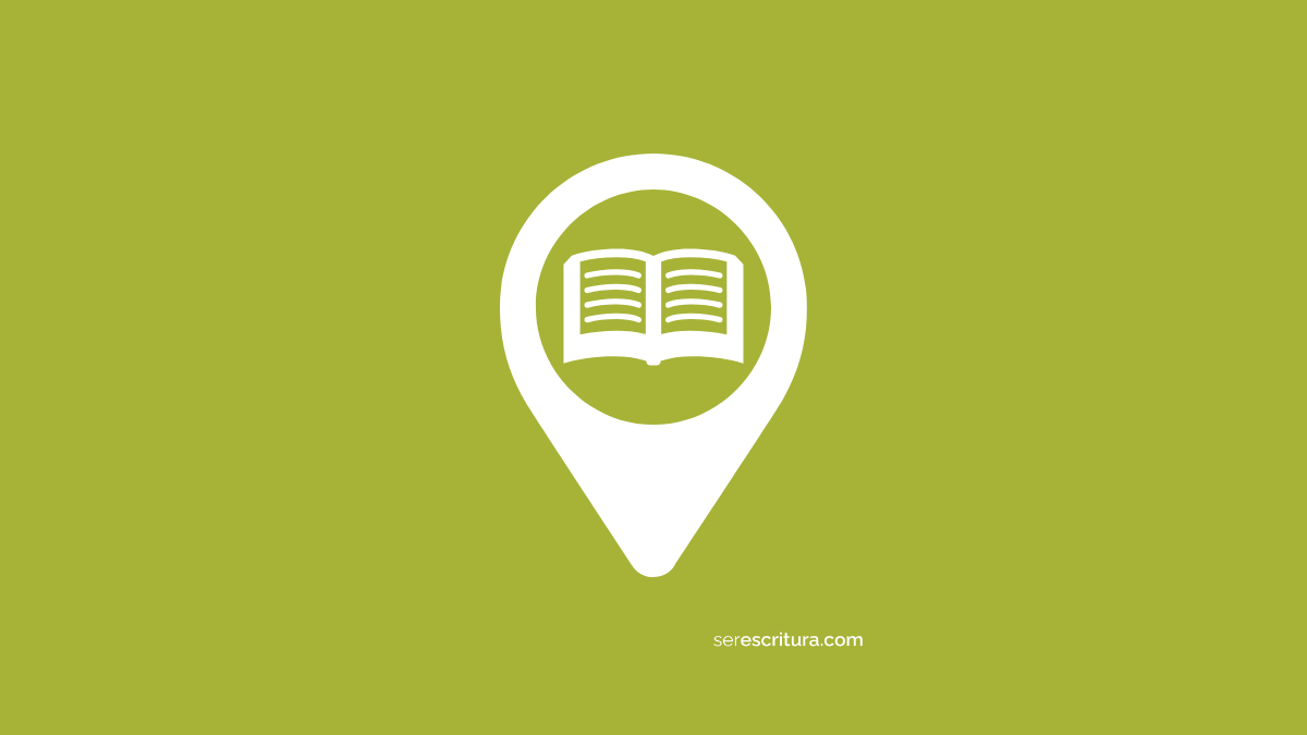 Ícono de un pin de ubicación con un libro abierto en su centro, representando el espacio de aprendizaje y el camino hacia los libros. Imagen de la charla "Leer y escribir para formar".