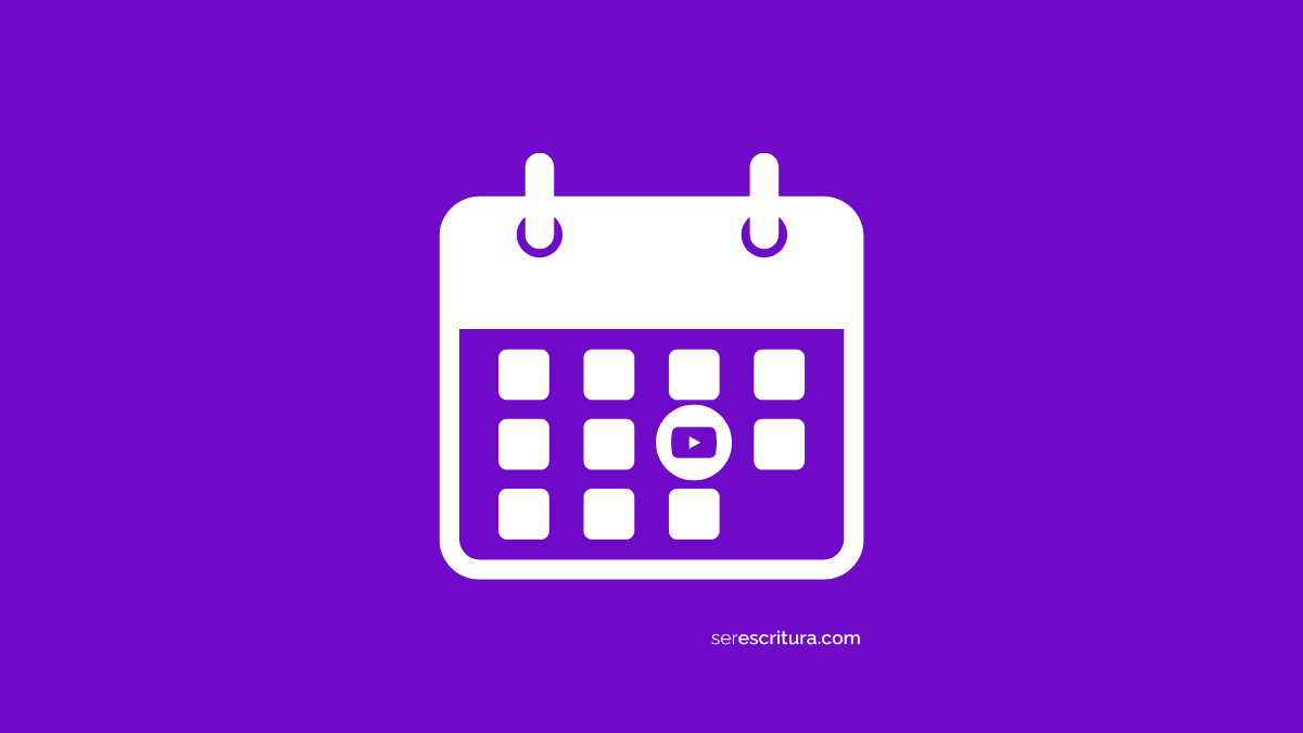 Ilustración lineal blanca de un calendario con un botón de 'play' de video en una de las fechas. Representa la difusión y del panel de comunicación inclusiva del segundo aniversario de Modii por YouTube.