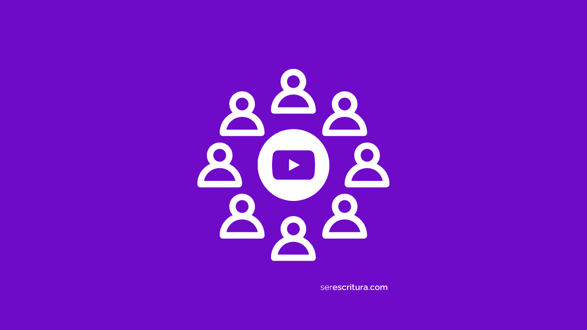 Ilustración lineal blanca de ocho figuras de personas dispuestas en círculo alrededor de un botón de 'play' de YouTube, representando a las y los panelistas del primer panel de Modii sobre comunicación inclusiva, transmitido en línea.