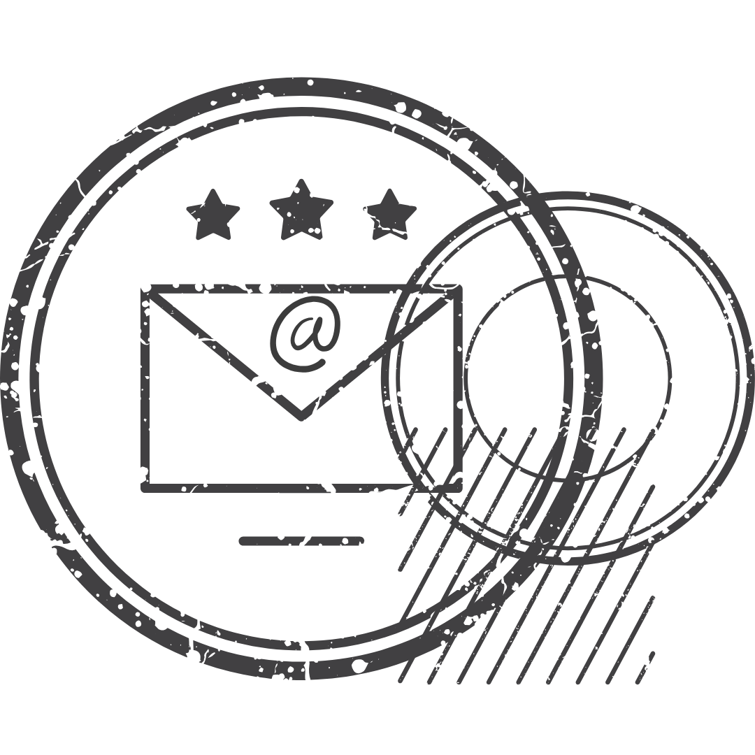 Ilustración lineal en color gris que simula un sello postal. Al centro del sello hay un sobre con una arroba. Acompaña los datos de contacto electrónico de Ser Escritura.