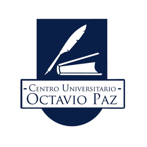 Logotipo del Centro Universitario Octavio Paz: un escudo azul oscuro con una pluma y un libro estilizados en blanco en el centro. Debajo del escudo, un rectángulo azul oscuro con el texto "- CENTRO UNIVERSITARIO - OCTAVIO PAZ" en letras blancas. Todo sobre un fondo blanco.