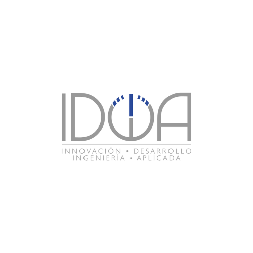 Logotipo de IDIA: las letras "IDIA" en gris claro. La letra "I" está estilizada de un círculo: la mitad inferior está en gris y la mitad superior es azul; parece que simula un interruptor de encendido y apagado. Debajo, el texto "INNOVACIÓN • DESARROLLO • INGENIERÍA APLICADA" en letras grises más pequeñas. Todo sobre un fondo blanco.