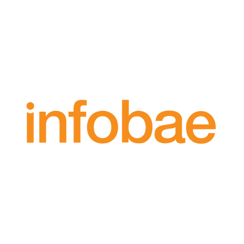 Logotipo del medio de comunicación Infobae. Se muestra la palabra "infobae" en letras minúsculas de color naranja, sobre un rectángulo blanco. 