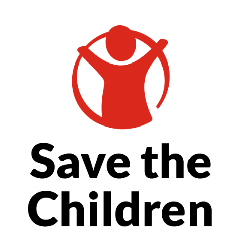 Logotipo de la organización Save the Children, que trabaja por los derechos de la niñez en todo el mundo. Se ve la figura de una niña o un niño en rojo dentro de un círculo rojo, y debajo el nombre de la organización en letras negras: “Save the Children”. Todo sobre un fondo blanco.