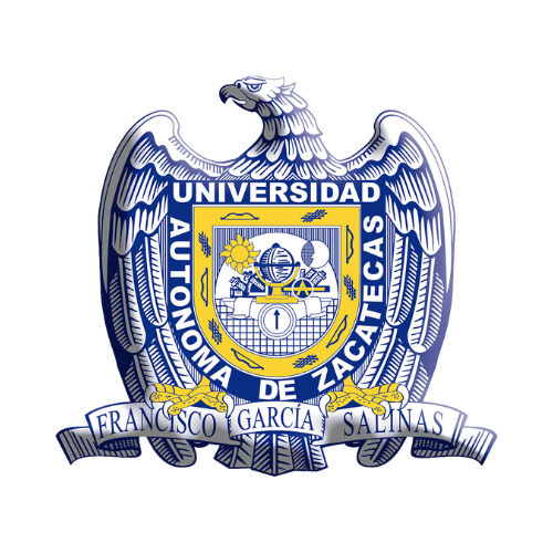Logotipo de la Universidad Autónoma de Zacatecas (UAZ): un águila estilizada con alas extendidas, en colores azul y blanco, sobre un escudo central con un diseño complejo que incluye un sol, un libro, un telescopio y otros símbolos. Debajo del escudo, una banda con el texto "FRANCISCO GARCÍA SALINAS". El texto "UNIVERSIDAD AUTÓNOMA DE ZACATECAS" se encuentra en la parte superior del escudo. Fondo blanco.