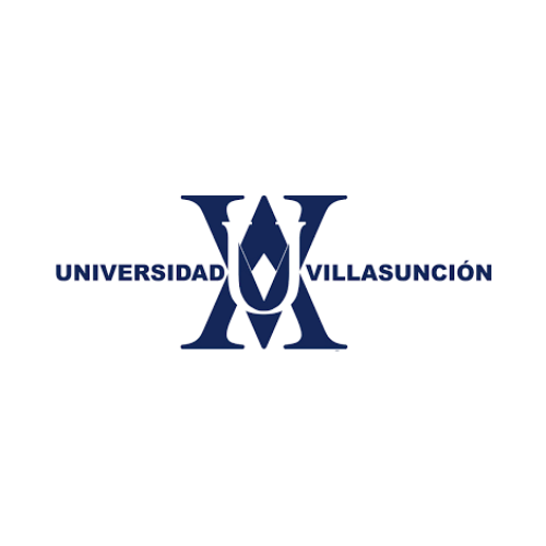 Logotipo de la Universidad Villasunción: al centro, dos letras "V" estilizadas en azul, formando una "A" estilizada con una letra “U” en color blanco al centro. En conjunto, representan las iniciales de la universidad superpuestas: “UVA”. A la izquierda, el texto "UNIVERSIDAD" y a la derecha "VILLASUNCIÓN", ambos en letras azules. Todo sobre un fondo blanco.