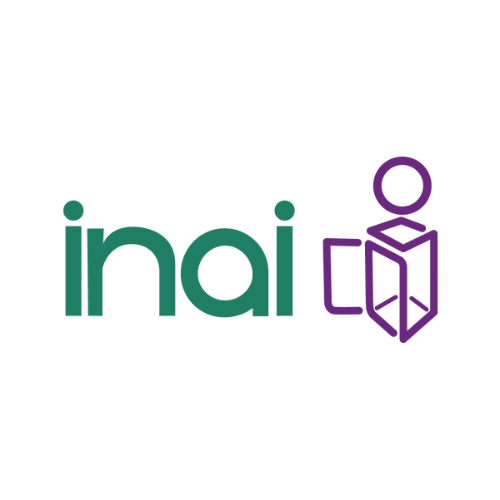 Logotipo del INAI (Instituto Nacional de Transparencia, Acceso a la Información y Protección de Datos Personales) con las letras 'inai' en minúscula de color verde y un ícono púrpura a la derecha que representa a una figura humana estilizada, que se asemeja a la letra “i” y también representa un cubo transparente y abierto.