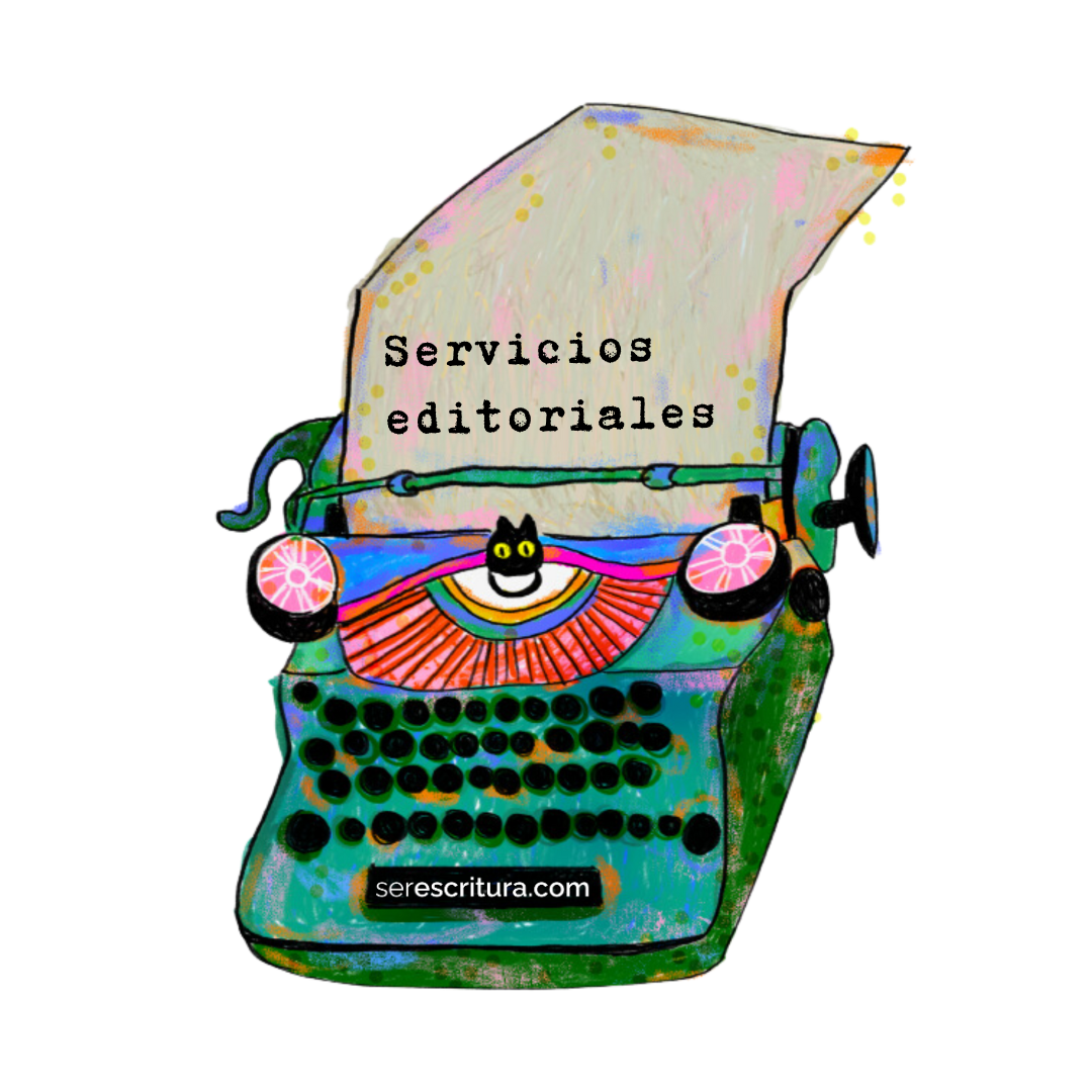 Ilustración de una máquina de escribir color verde con teclas negras, tipos y cinta de color rosa. El indicador de línea es la carita de un gato negro. Hay una hoja insertada en la máquina de escribir que dice: “Servicios editoriales”. Además sobre la barra espaciadora se lee: serescritura.com. Ícono de los servicios editoriales y de redacción de Ser Escritura.