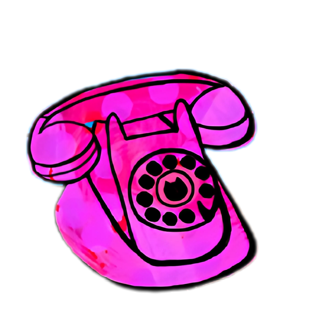 Ilustración llamativa de un teléfono de disco tradicional, en color rosa. Imagen destacada de la información de contacto de Ser Escritura.