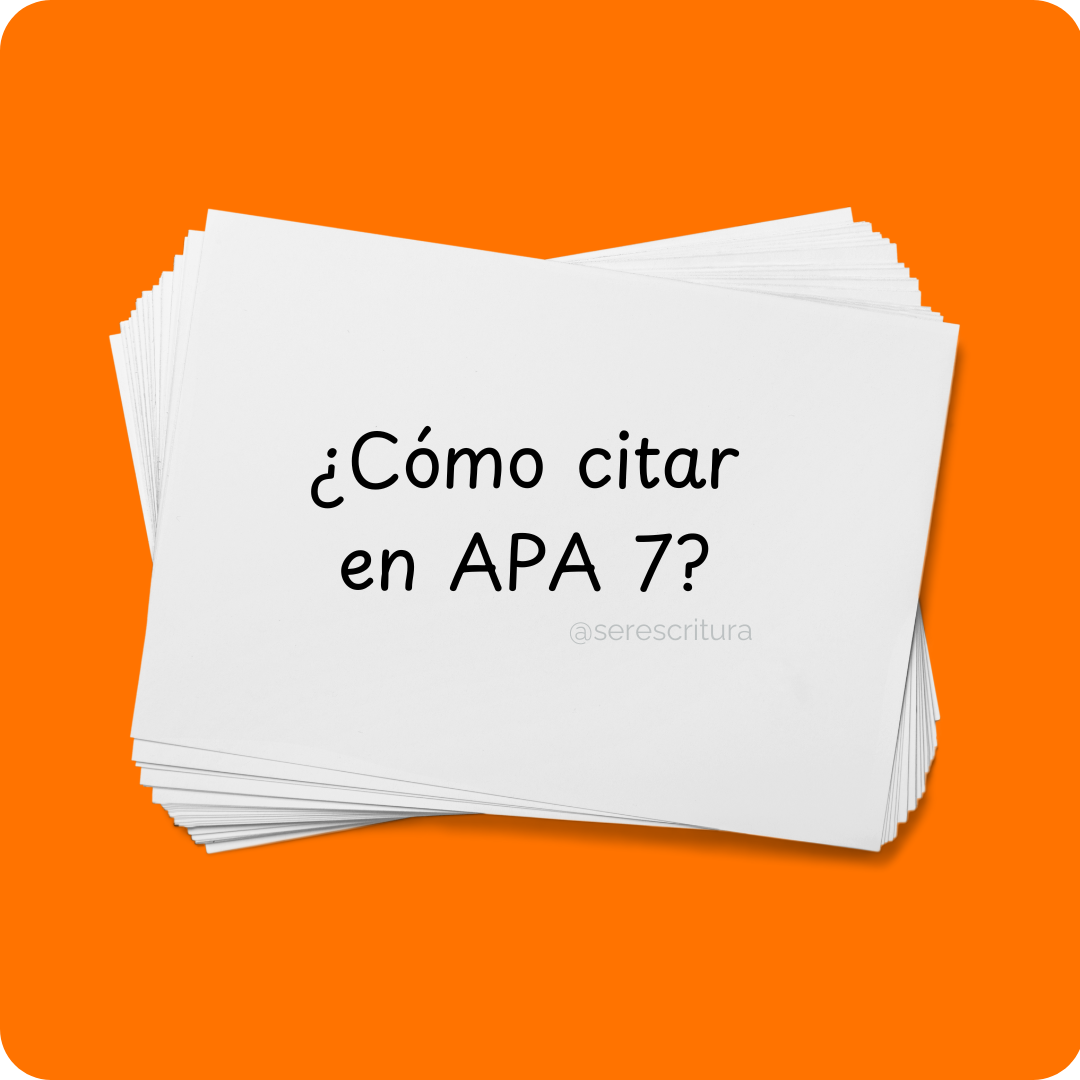 Imagen promocional del curso de Ser Escritura "¿Cómo citar en APA 7?". Se ve una pila de fichas bibliográficas con el título del curso y el nombre de usuario de Instagram @serescritura."