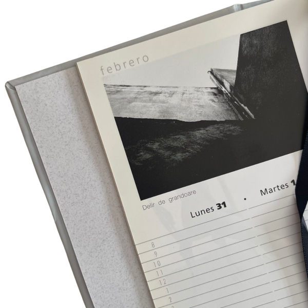 Una agenda abierta muestra la transición de enero a febrero. En la página de enero se ve la fecha "Lunes 31". La página de febrero presenta en la parte superior una fotografía digitial en blanco y negro titulada "Delir de grandoare" de la fotógrafa Itzamá Enríquez Íñiguez, publicada bajo seudónimo en el Libro-Agenda Fotográfica Rendija 2011. La fotografía, tomada desde un ángulo inferior que enfatiza la altura, muestra un patio exterior con dos muros de acabado rugoso dispuestos en ángulo. La parte inferior de ambos muros presenta un tono oscuro en la mitad inferior y un tono claro en la mitad superior. Un tubo vertical se ubica en el punto donde los dos muros se unen. Debajo de la fotografía se puede leer la palabra "febrero" y parcialmente la fecha "Martes 1" en la esquina superior derecha. Ambas páginas tienen líneas horizontales para escribir.