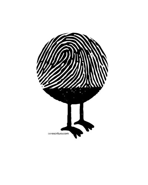 Imagen de Signo, un personaje de la galería de Ser Escritura. Signo es una huella dactilar con patas de pájaro. Esta ilustración acompaña la categoría "¡Pregúntale a Signo!" del blog de Ser Escritura, en serescritura.com