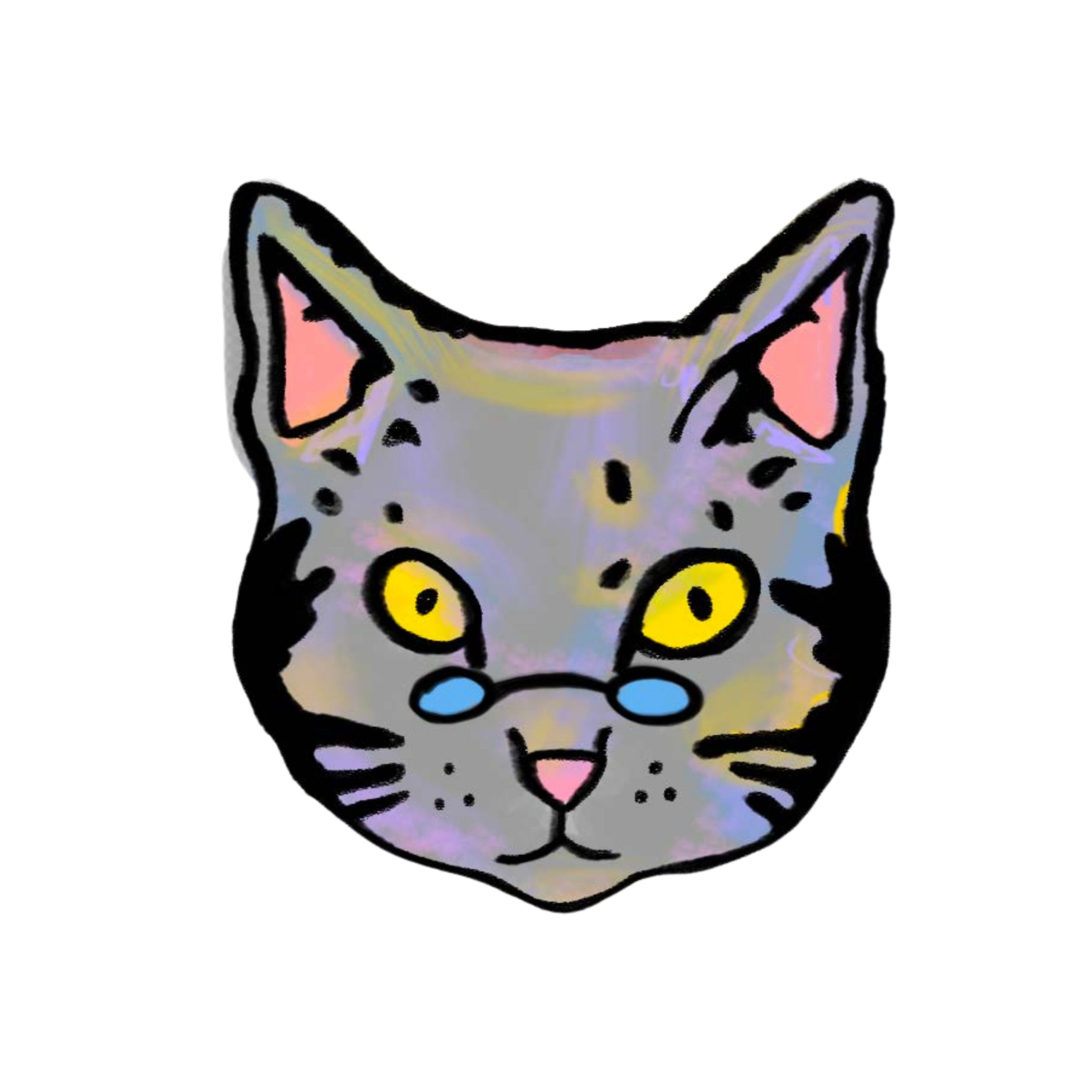 Ilustración de un gato gris con expresión curiosa, luciendo gafas redondas de color azul.