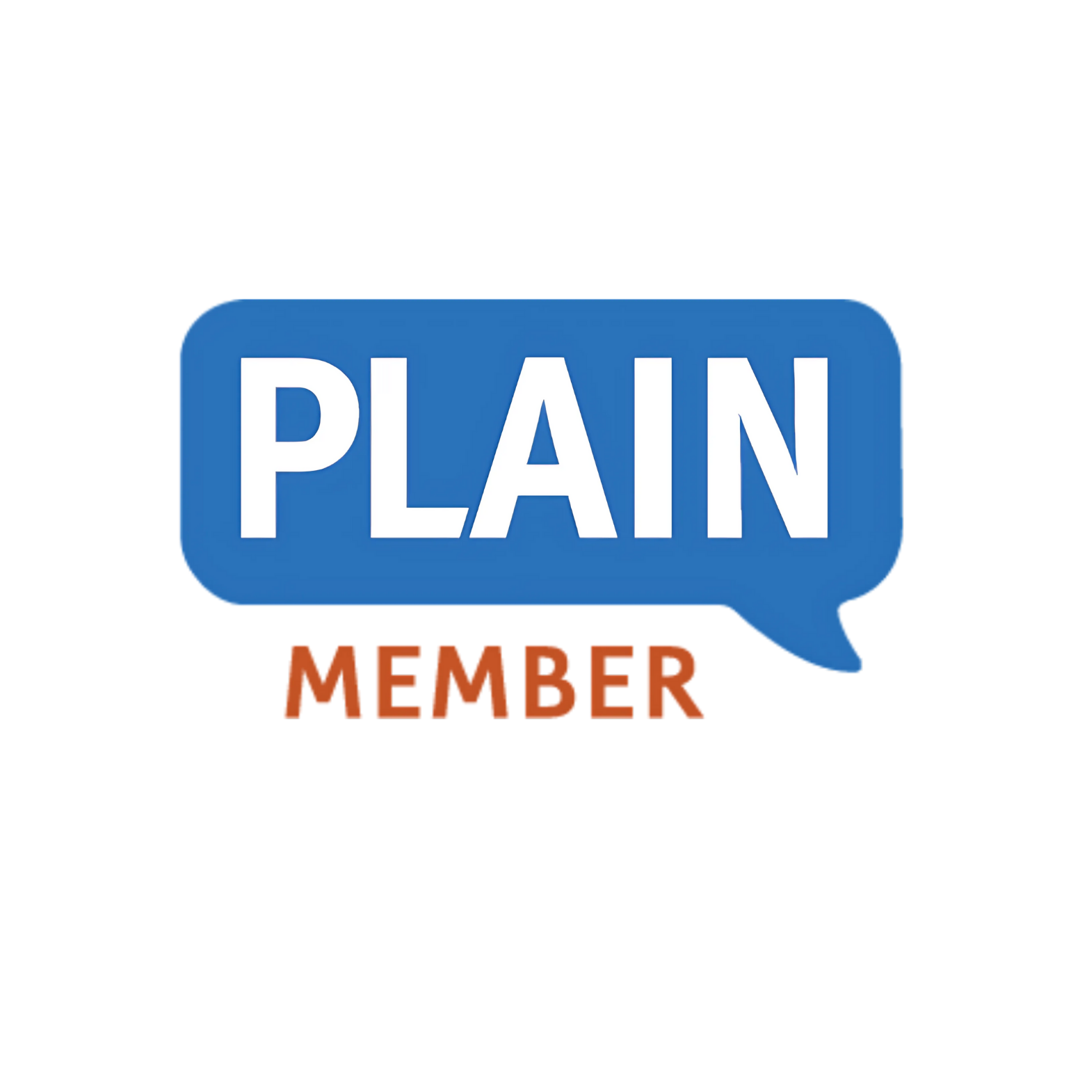 La palabra "PLAIN" en letras blancas dentro de una burbuja de diálogo redondeada, y debajo la palabra "MEMBER" en negro. Este logo valida la afiliación activa de una persona a la Asociación Internacional de Lenguaje Claro (Plain, por sus siglas en inglés).