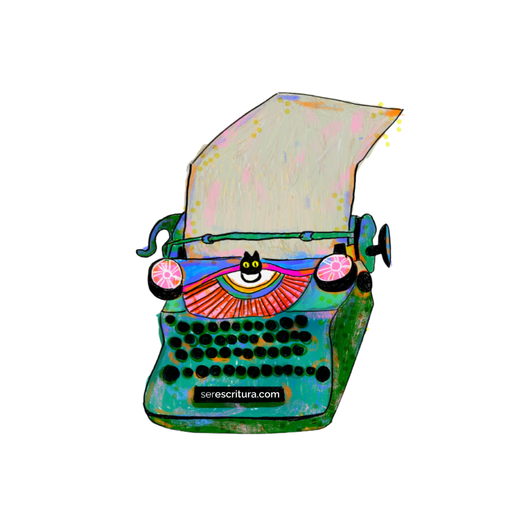 Una ilustración digital colorida de una máquina de escribir antigua sobre un fondo blanco. La máquina de escribir es principalmente verde azulado con detalles en rosa, azul y amarillo. Tiene un teclado negro con teclas circulares. En el centro del cuerpo de la máquina de escribir se dibuja una figura estilizada de un gato negro. Además hay elementos decorativos radiales en tonos naranjas y rosas. Un papel blanco parcialmente enrollado sale de la parte superior de la máquina. En la parte inferior central, directamente sobre el fondo blanco, se encuentra la dirección web "serescritura.com" escrita en una fuente clara y legible.