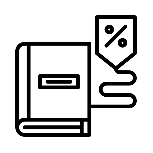 Dibujo lineal de un libro acompañado de un signo una etiqueta con un signo de porcentaje.