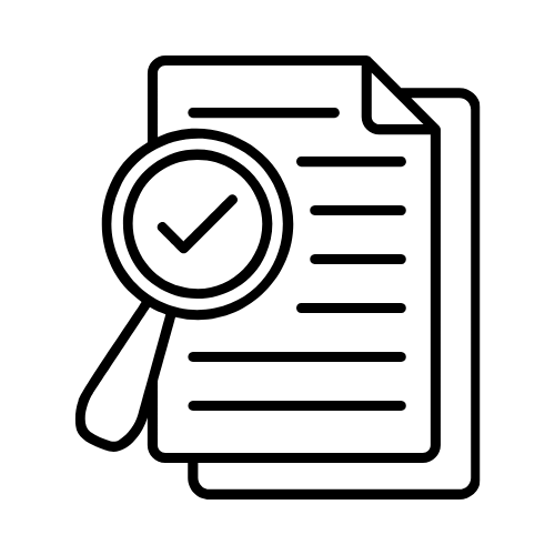 Dibujo lineal de un par de documentos con una lupa sobrepuesta y un símbolo de correcto en la lupa.