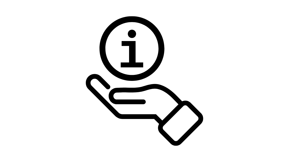 Dibujo lineal de una mano con el símbolo de información que representa el derecho de acceso a la información en lenguaje claro e incluyente.