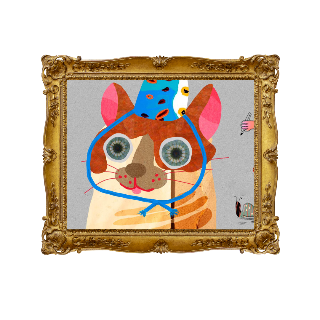 Ilustración colorida de un gato con gorro de fiesta, grandes ojos redondos y una cinta azul en el cuello. Está enmarcado en un marco dorado ornamental. Es el personaje creado para celebrar el quinto aniversario de Ser Escritura.