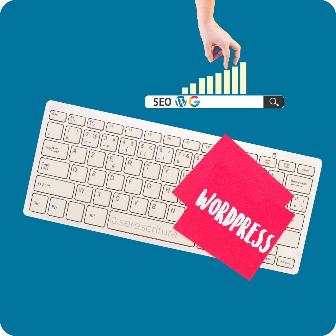 Imagen promocional del curso "Redacción digital para WordPress". Se ve un teclado con una nota "WORDPRESS" y elementos visuales de SEO (gráfico creciente y búsqueda), representando las habilidades que se aprenderán. Cursos de redacción de Ser Escritura, diseñados e impartidos por Itzamá Enríquez Íñiguez.