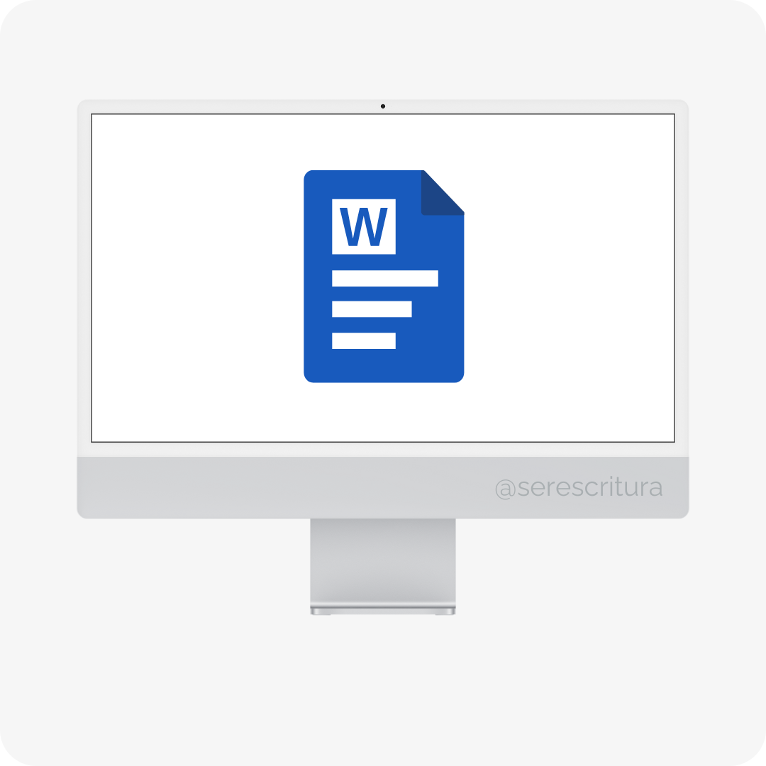 Un monitor iMac mostrando un ícono azul de Microsoft Word con la letra 'W'.