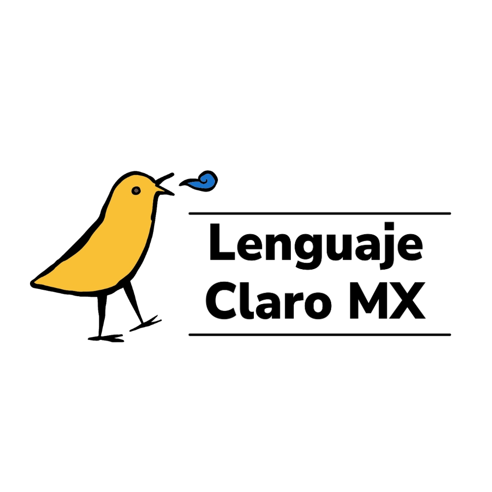 Logotipo de Lenguaje Claro MX. A la izquierda, una ilustración sencilla de un pájaro amarillo de trazo manual que parece estar cantando o hablando, con una voluta azul saliendo de su pico. A la derecha, el nombre "Lenguaje Claro MX" escrito en letras negras negritas, enmarcado por dos líneas horizontales delgadas arriba y abajo del texto.