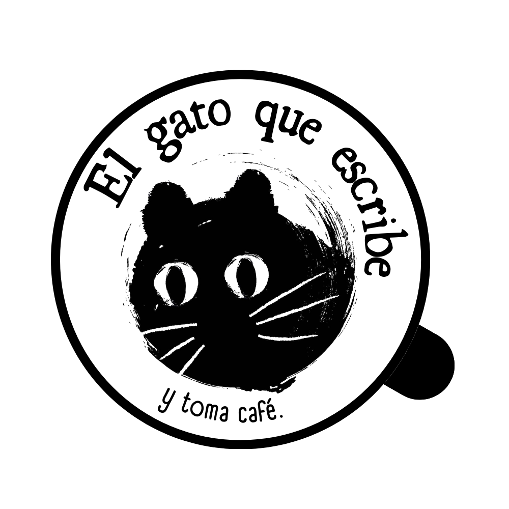 Logo circular con forma de taza de café vista desde arriba, que contiene la ilustración de un gato negro de estilo artístico y el texto en español "El gato que escribe y toma café".