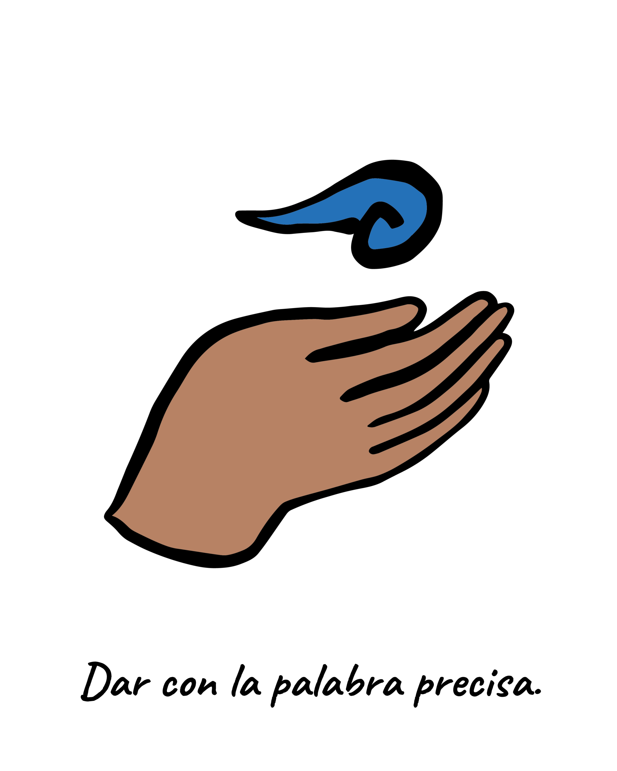 La ilustración muestra una mano de piel morena en posición abierta y receptiva, con una voluta de aire o palabra de color azul flotando sobre la palma. Debajo hay un texto que dice: "Dar con la palabra escrita".
