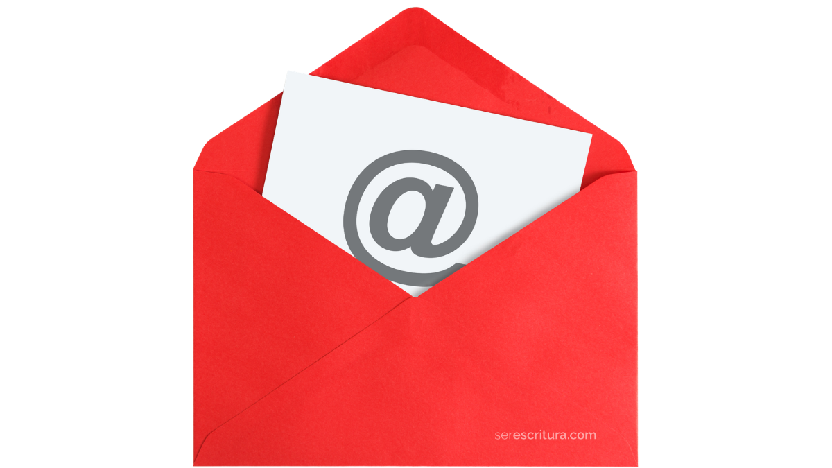 El símbolo de arroba en una hoja blanca, que está dentro de un sobre rojo. La imagen sugiere un correo de contacto.
